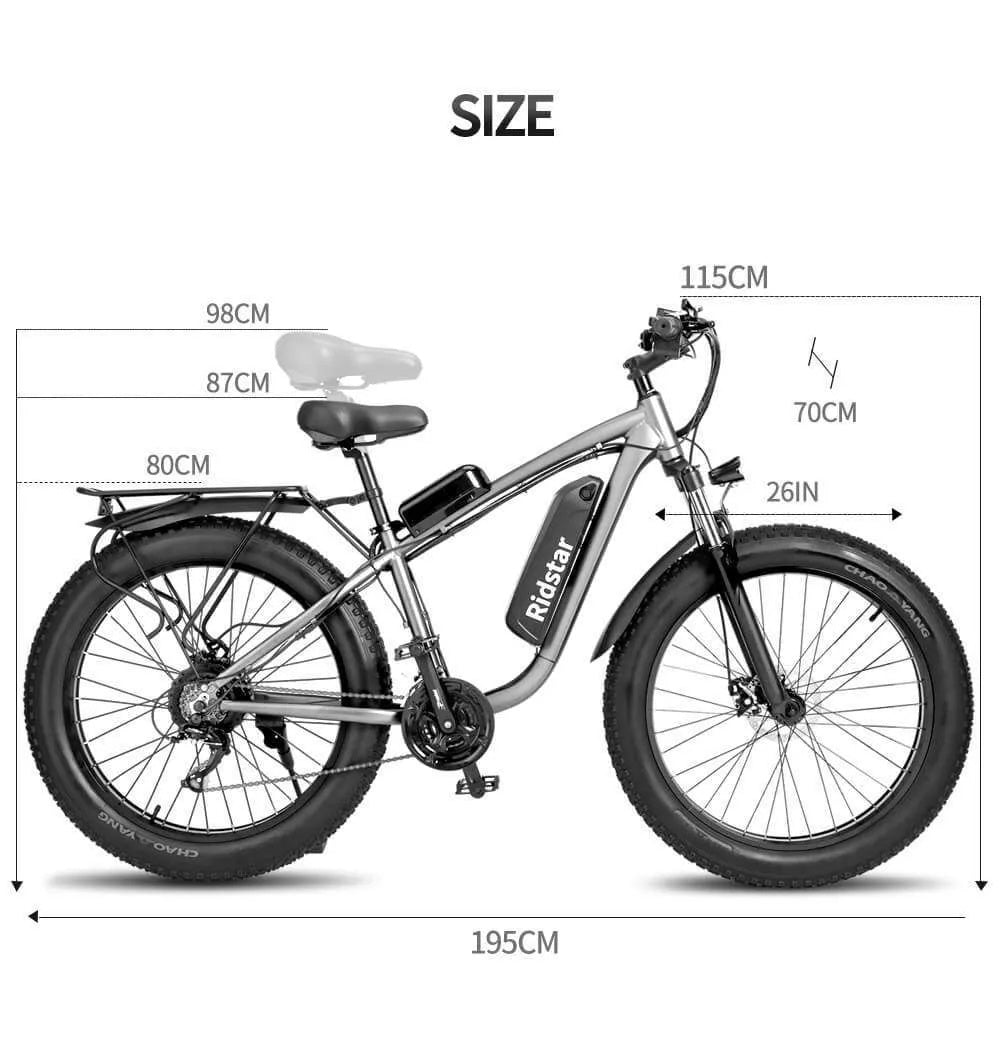RIDSTAR E26 26" Fat Tires Mountain Electric Bike 1500W Motor 48V 15.6Ah Battery